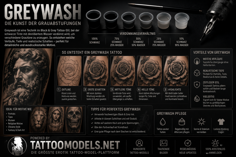 Greywash-Technik für Black and Grey Tattoos mit verschiedenen Grauabstufungen und weichen Schattierungen