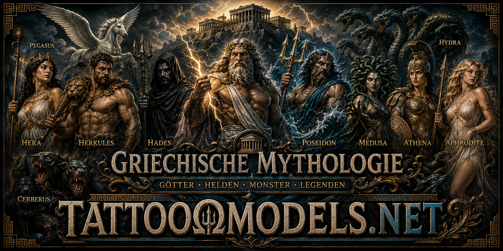 Griechische Mythologie mit Zeus, Poseidon, Hades, Hera, Athena, Aphrodite, Herkules, Medusa, Pegasus, Hydra und Cerberus vor dem Olymp.