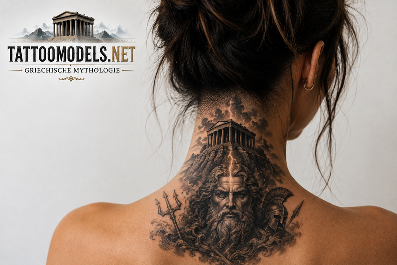 Realistisches Nackentattoo einer Frau mit Zeus, Olymp, Dreizack und griechischen Symbolen auf TattooModels.net.