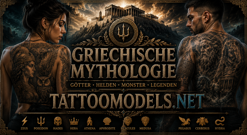 Mann und Frau mit großflächigen Tattoos aus der griechischen Mythologie vor dem Olymp auf TattooModels.net.