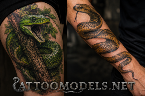 Grüne Mamba als Farbtattoo und Inlandtaipan als realistisches Schlangen Tattoo am Unterarm