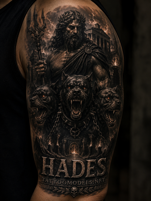 Realistisches Hades- und Cerberus-Tattoo auf dem Oberarm im Black-and-Grey-Stil.
