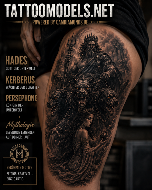 Hades, Kerberus und Persephone als großflächiges Black-and-Grey-Tattoo am Oberschenkel.