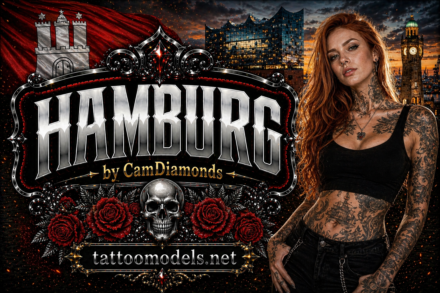 Tattoo Models aus Hamburg – rothaariges tätowiertes Model im Hafen von Hamburg vor Elbphilharmonie auf TattooModels.net by CamDiamonds