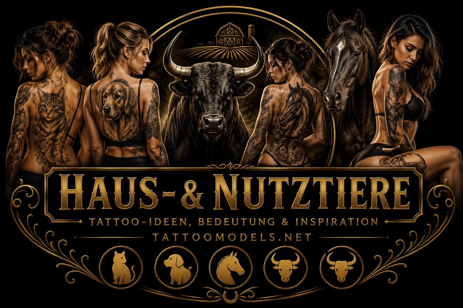 Tattoo Models mit realistischen Katzen-, Hunde-, Pferde-, Stier- und Bullen-Tattoos als Inspiration für Haus- und Nutztiere