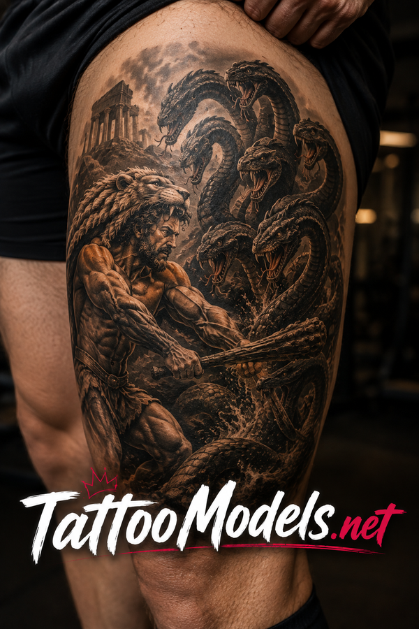 Herkules im Kampf gegen die mehrköpfige Hydra als detailreiches Black-and-Grey-Tattoo auf dem Oberschenkel