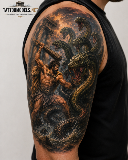 Farbiges Realistic-Oberarmtattoo mit Herkules im Kampf gegen die vielköpfige Hydra.