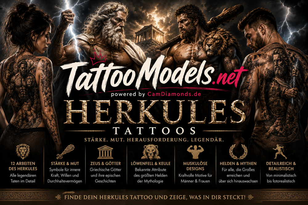 Herkules Tattoos aus der griechischen Mythologie mit Herakles, Löwenfell, Keule und realistischen Black-and-Grey-Tattoo-Motiven