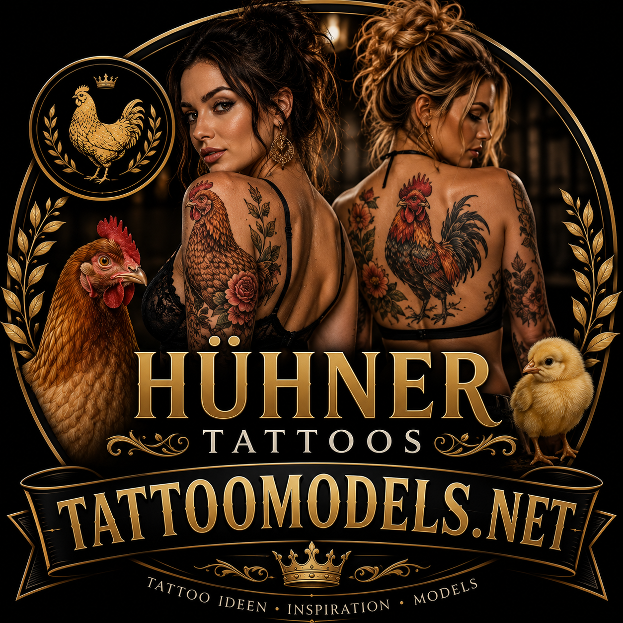 Tattoo Models mit Hühner- und Hahn-Tattoos als Inspiration für Tattoo-Ideen, Symbolik und Bedeutung