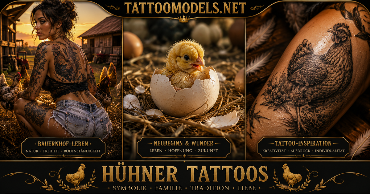 Tattoo Model mit Hühner-Tattoo auf einem Bauernhof, schlüpfendes Küken aus einem Ei und realistisches Hühner-Tattoo als Tattoo-Inspiration