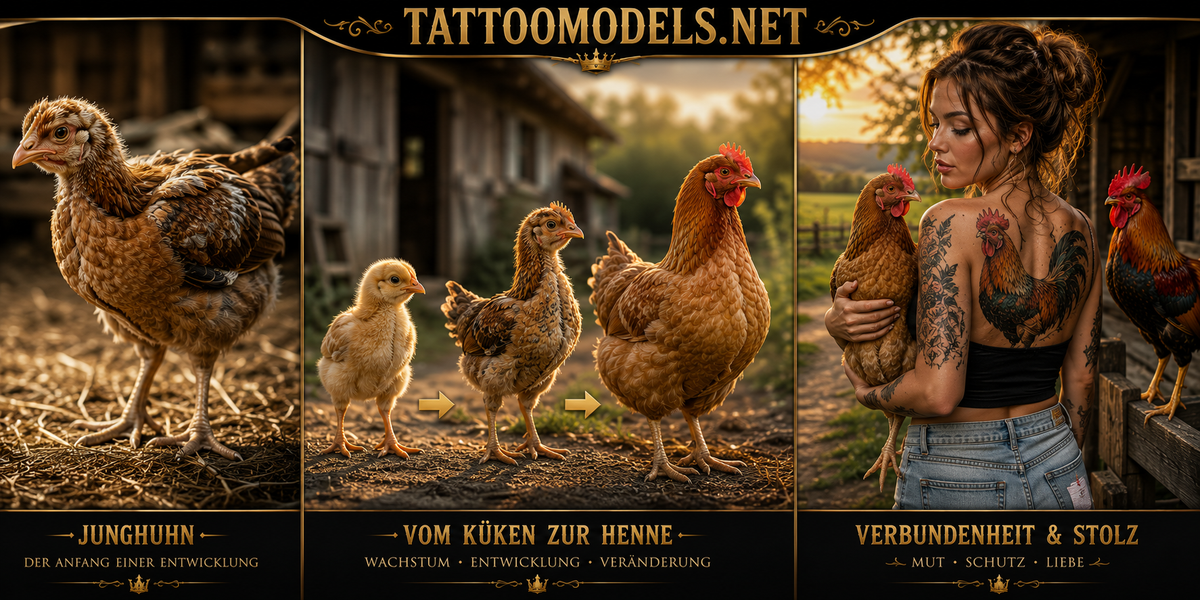 Junghuhn, Entwicklung vom Küken zur Henne und Tattoo Model mit Hahn-Tattoo und Henne auf einem Bauernhof als Inspiration für Hühner-Tattoos