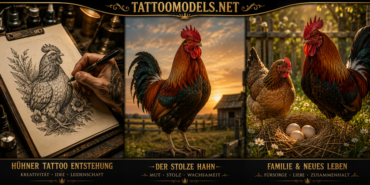 Gezeichnetes Hühner-Tattoo, stolzer Hahn sowie Henne und Hahn am Nest als Inspiration für Hühner-, Hahn-, Bauernhof- und Familien-Tattoos