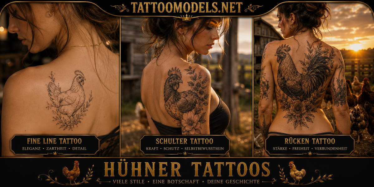 Fine-Line-Hühner-Tattoo auf der Schulter, realistisches Schulter-Tattoo und großes Rücken-Tattoo mit Huhn als Inspiration für Hühner-Tattoos