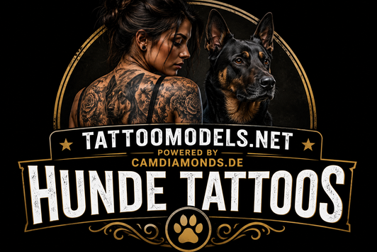 Tattoo Model mit realistischem Hunde-Tattoo neben einem Hund als Inspiration für Hunde-Tattoos und Tier-Tattoos
