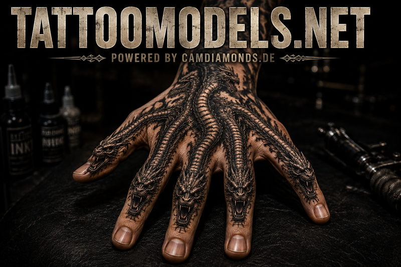 Hydra-Tattoo auf dem Handrücken im Black-and-Grey-Stil mit mehreren Schlangenköpfen.
