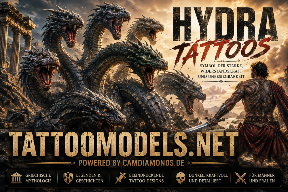 Hydra Tattoos aus der griechischen Mythologie mit vielköpfigem Schlangenmonster und TattooModels.net.