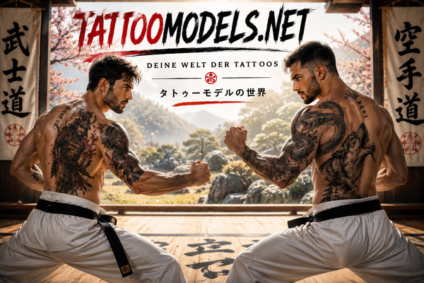 Zwei Karate-Kämpfer mit Samurai-, Schlangen- und Wolf-Tattoos in einem japanischen Dojo – TattooModels.net
