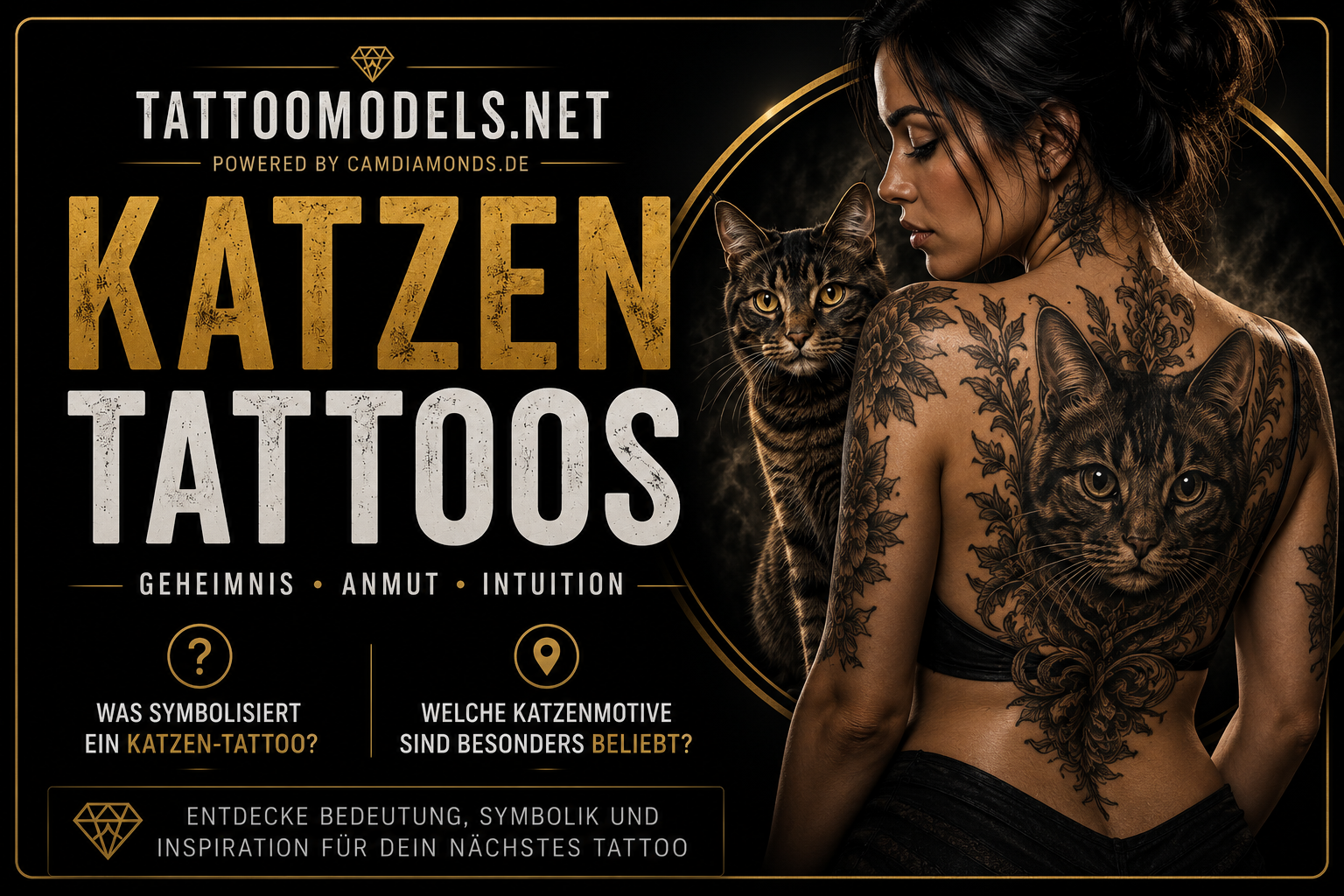 Tätowiertes Model mit großem Katzen-Tattoo als Inspiration für Katzen-Tattoos, Bedeutung und Symbolik