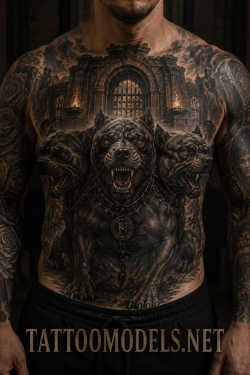 Mann mit großem Kerberus-Tattoo auf Brust und Rumpf vor dem Tor der Unterwelt.