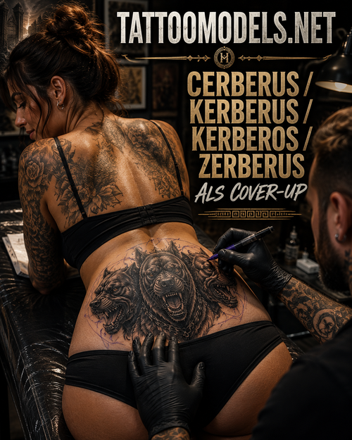 Kerberus als großflächiges Cover-up eines älteren Steißbein-Tattoos im Tattoo-Studio.