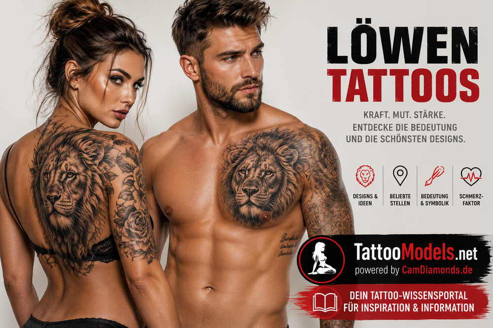 Löwen Tattoos für Frauen und Männer mit großen realistischen Löwenkopf-Tattoos auf Schulter und Brust.