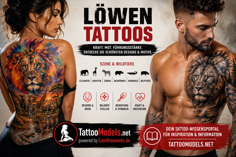Löwen Tattoos in Farbe und Black and Grey mit Safari-Szene aus Elefant, Giraffe, Zebra, Nashorn, Nilpferd und Krokodil.
