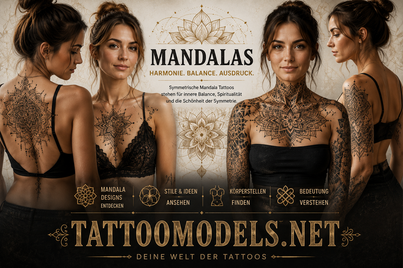 Frauen mit natürlichen Mandala Tattoos und symmetrischen ornamentalen Tattoo-Designs.