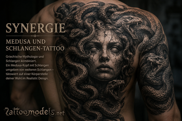 Realistisches Medusa Tattoo mit Schlangen als Kombination aus griechischer Mythologie und Schlangen Tattoo