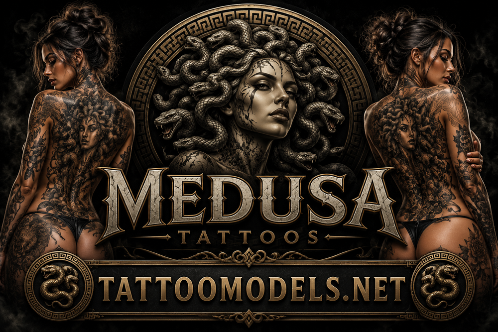 Medusa Tattoos auf zwei tätowierten Frauen mit großflächigen Rückenmotiven und einer Medusa mit Schlangenhaaren als Symbol der griechischen Mythologie.