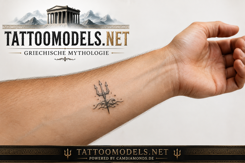 Minimalistisches griechisches Unterarm-Tattoo mit Poseidons Dreizack und feinen Wellen auf TattooModels.net.