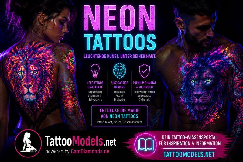Neon Löwen Tattoos mit leuchtenden UV-Effekten unter Schwarzlicht auf Frau und Mann.