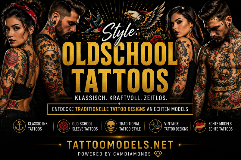 Oldschool Tattoo Models mit klassischen Traditional Tattoos, Rosen, Schädeln und Vintage Tattoo Designs