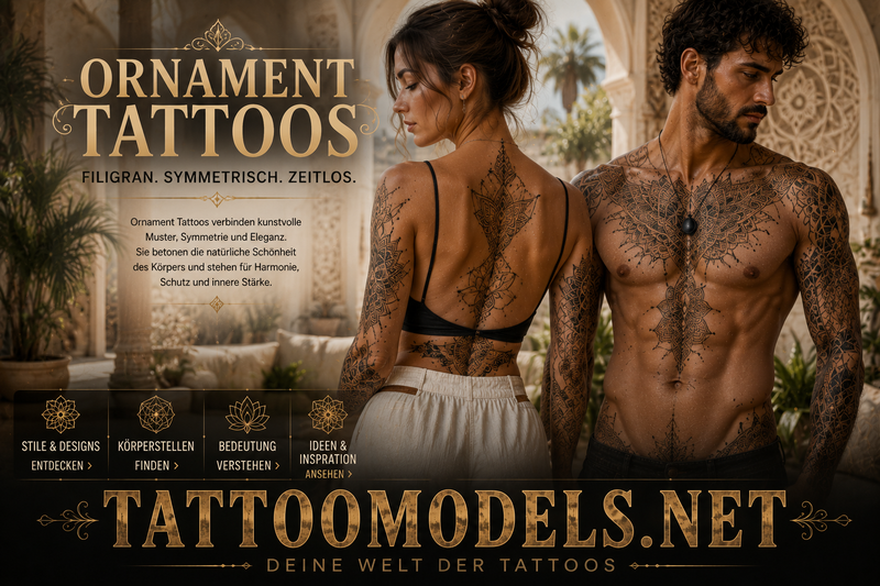 Tätowierter Mann und tätowierte Frau mit filigranen Ornament Tattoos, symmetrischen Mustern und dekorativen Tattoo-Designs vor mediterranem Hintergrund.