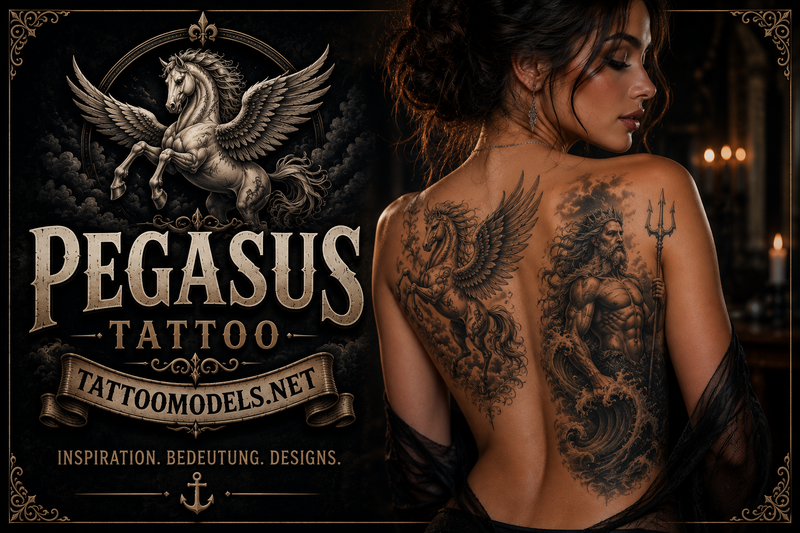 Frau mit Pegasus- und Poseidon-Tattoo auf dem Rücken im Black-and-Grey-Stil als Inspiration für griechische Mythologie und Rücken-Tattoos.