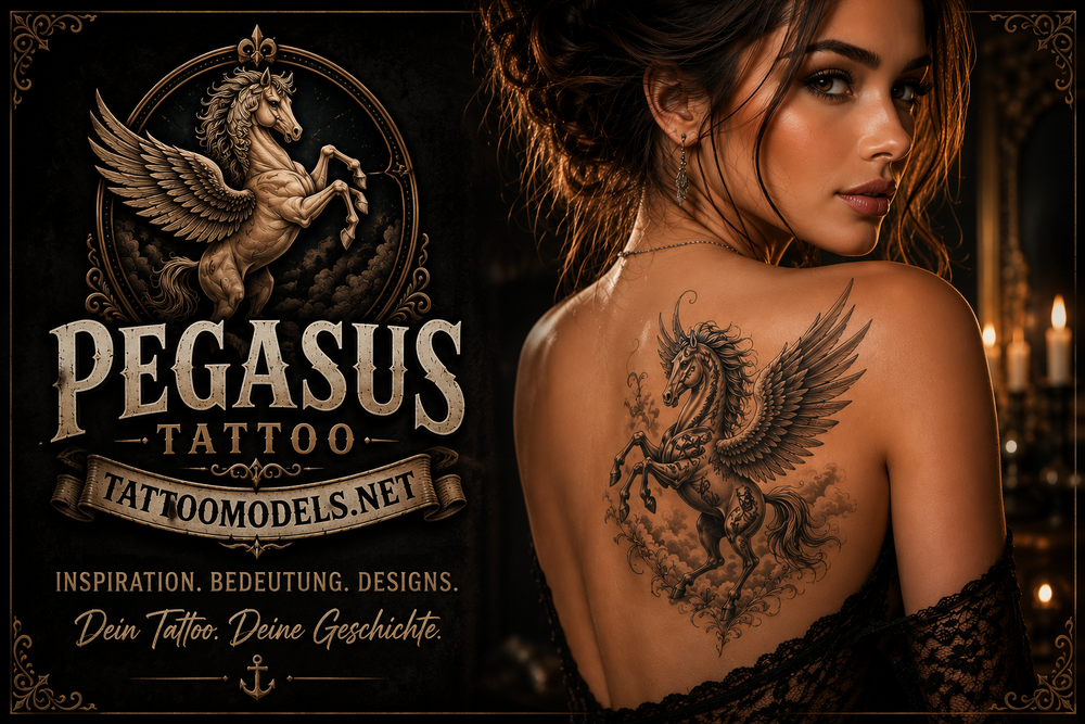 Frau mit detailreichem Pegasus-Tattoo auf dem Schulterblatt als Inspiration für mythologische Black-and-Grey Tattoo-Designs auf TattooModels.net.