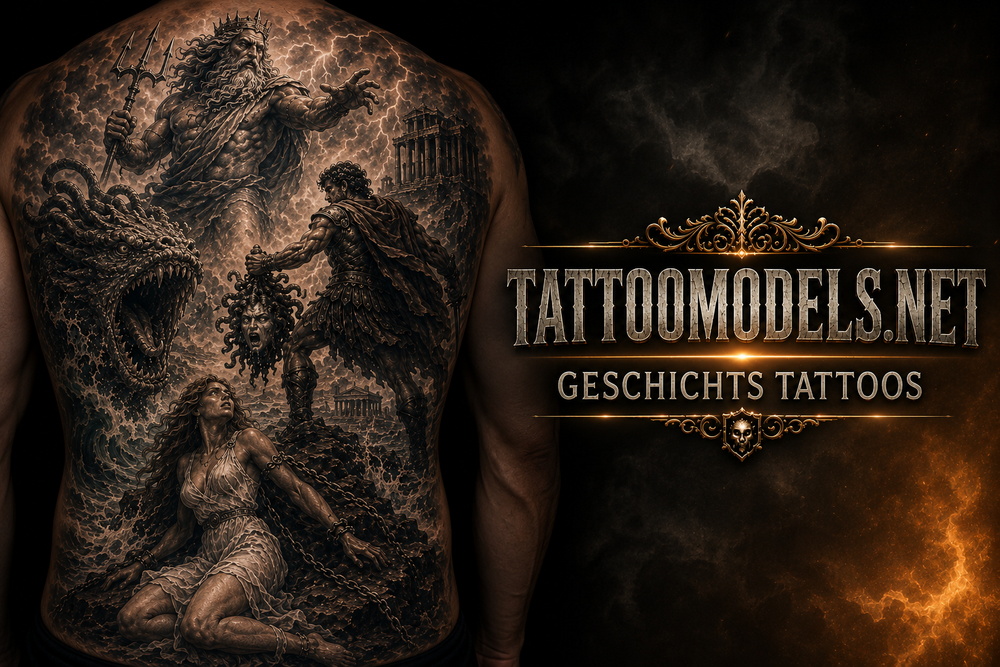Perseus und Andromeda Tattoo mit Cetus, Poseidon und Medusas Kopf als große Szene der griechischen Mythologie auf dem Rücken