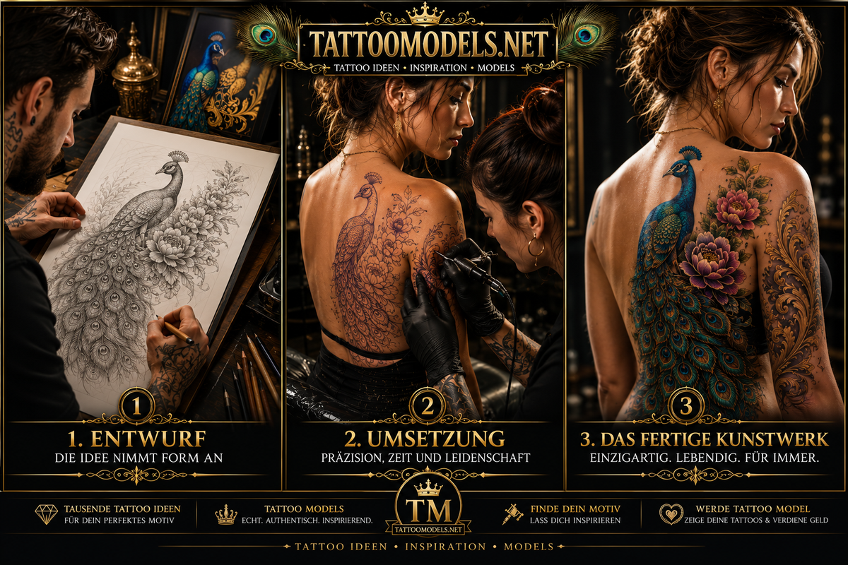 Vom Entwurf bis zum fertigen Pfau-Tattoo: Tätowierer zeichnet einen Pfau, tätowiert das Motiv und zeigt das fertige realistische Pfauen-Tattoo