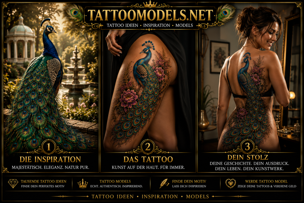 Majestätischer Pfau als Inspiration, realistisches Pfau-Tattoo und glückliches Tattoo Model mit großem Rücken-Tattoo