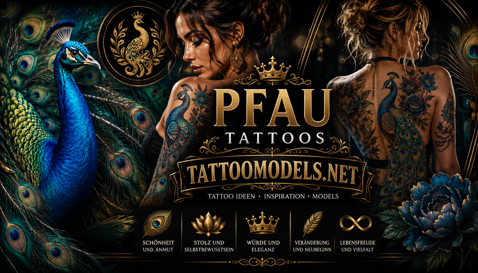 Tattoo Models mit realistischen Pfauen-Tattoos und prächtigem Pfau als Inspiration für Pfau-Tattoos, Schönheit, Eleganz und Tattoo-Ideen