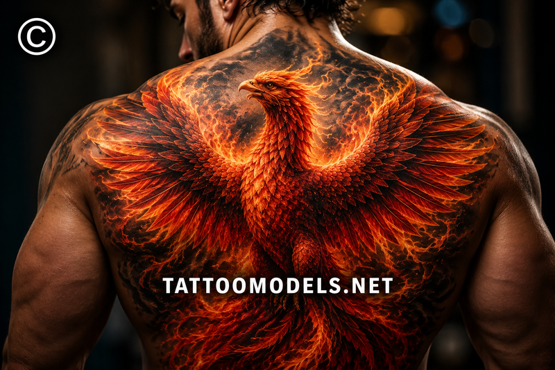 Mächtiges farbiges Phönix-Tattoo über dem gesamten Rücken eines Mannes mit ausgebreiteten Flügeln, Flammen und glühender Asche auf TattooModels.net.