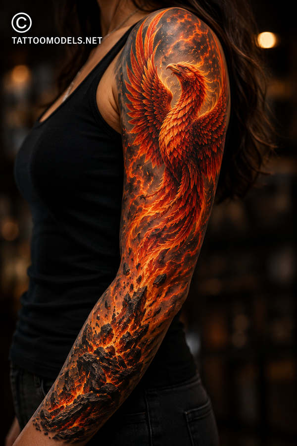 Farbiges Phönix-Sleeve am gesamten Arm einer Frau. Der mythologische Feuervogel erhebt sich aus Asche, Glut und Flammen auf TattooModels.net.