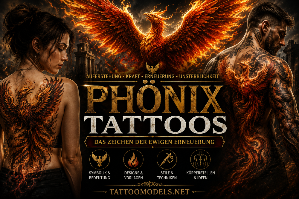 Herobild zu Phönix-Tattoos mit Frau und Mann, die große Phönix-Tattoos tragen. Der mythologische Feuervogel steht für Wiedergeburt, Erneuerung und innere Stärke auf TattooModels.net.