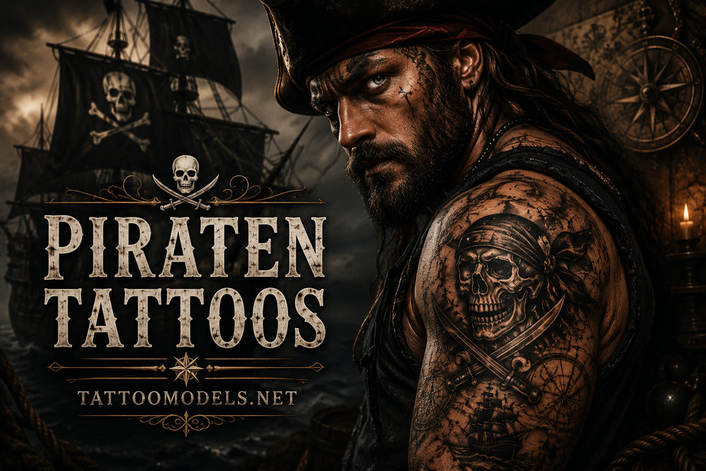 Hero-Bild zu Piraten Tattoos mit einem tätowierten Piraten vor einem historischen Segelschiff mit Totenkopfflagge. Das Black-and-Grey-Tattoo zeigt einen Piratenschädel, Säbel, Schiff und Kompass.
