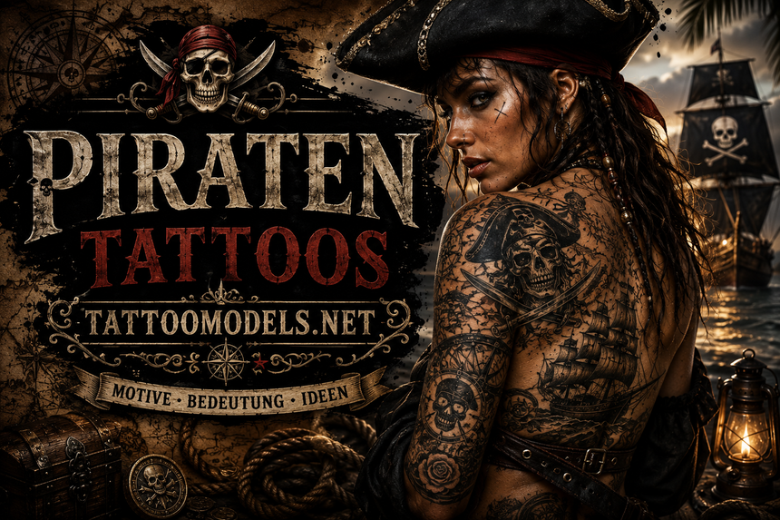 Tätowierte Piratin mit großflächigen Black-and-Grey-Piraten-Tattoos vor einem historischen Segelschiff. Die Motive zeigen Piratenschädel, Säbel, Kompass und Schiff.