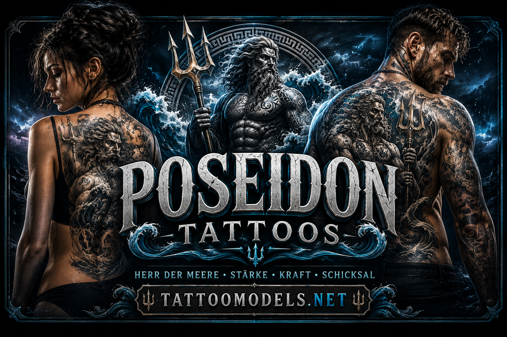 Mann und Frau mit großflächigen Poseidon-Tattoos am Rücken, umgeben von Wellen, Dreizacken und griechischer Mythologie auf TattooModels.net.