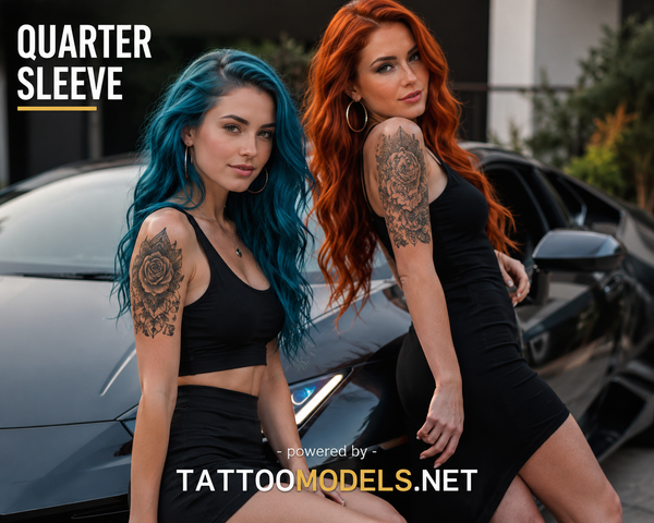 Blauhaariges und rothaariges Tattoo-Model mit Quarter Sleeve Tattoos vor einem Sportwagen
