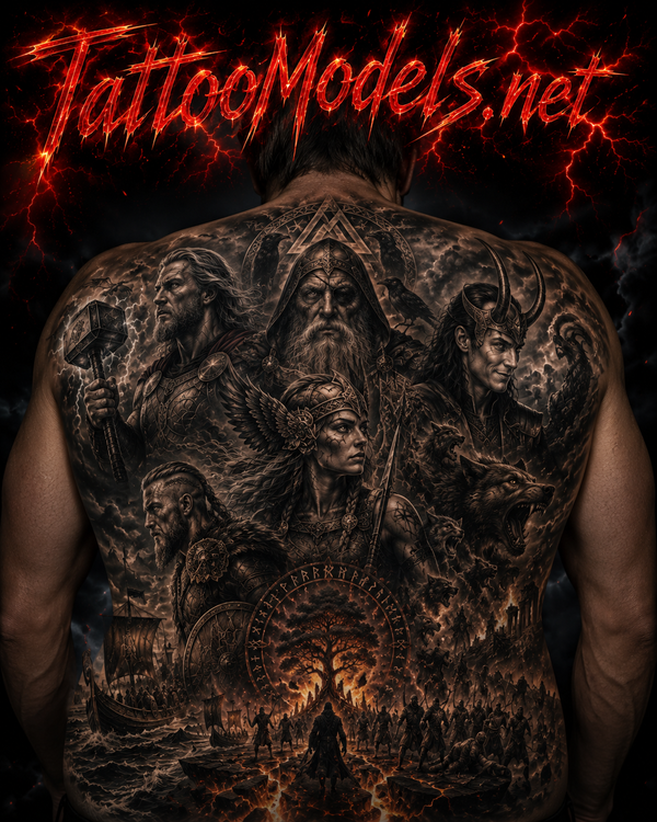 Ragnarök Rücken Tattoo mit Odin, Thor, Loki, Walküre, Wikinger, Runen und nordischer Mythologie im Black-and-Grey-Stil.