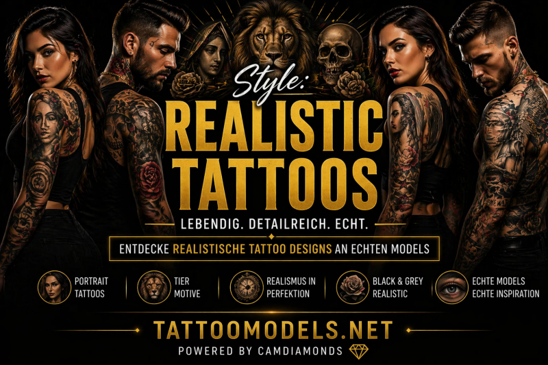 Tattoo Models mit realistischen Tattoos zeigen detailreiche Portrait-, Black & Grey- und Tiermotive – beeindruckende Tattoo Inspiration mit lebensechten Designs.