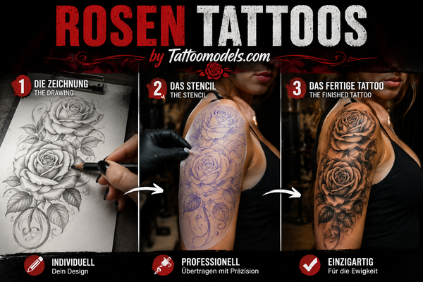 Rosen Tattoo von der Zeichnung über das Stencil bis zum fertigen Tattoo