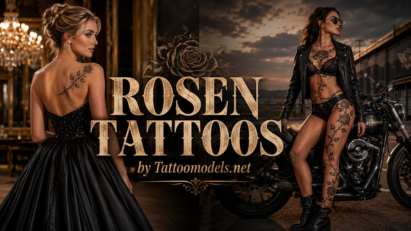 Rosen Tattoos im Vergleich zwischen elegantem Ballkleid und Biker-Look mit Motorrad